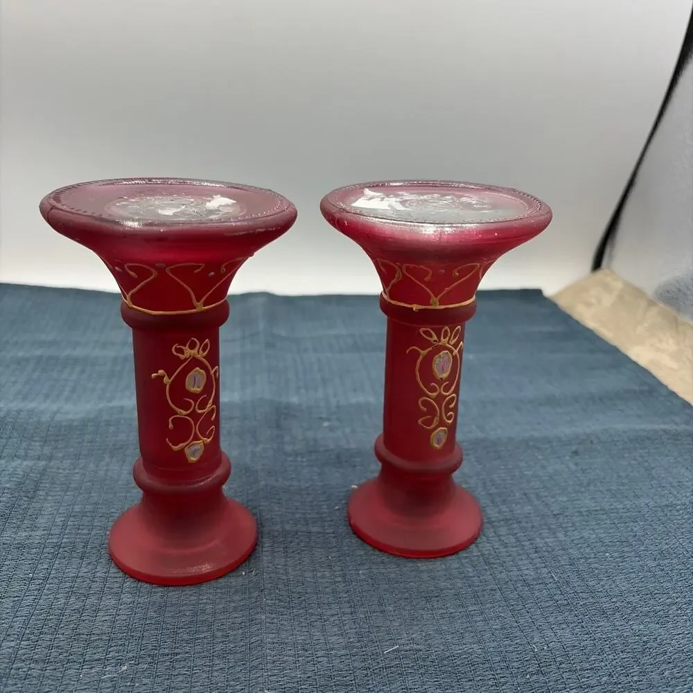 Two Vintage Gaomi Hand-Painted Pink Cranberry Glass Taper Candle Stick Holders
